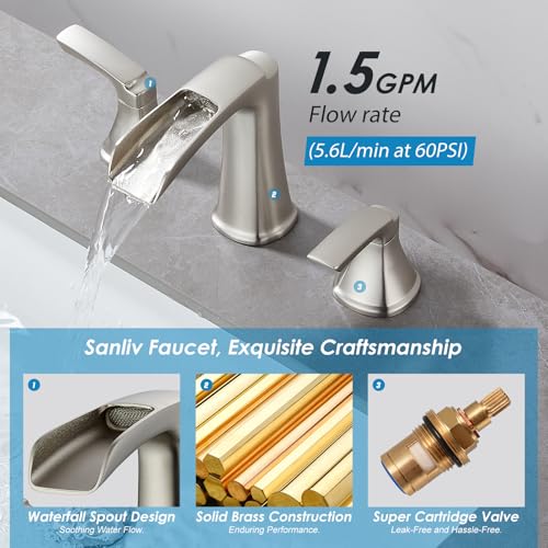 Brushed Nickel Waterfall Bathroom Faucet, Sanliv 3-Piece Widespread Bathroom Sink Faucets, 2-Handle Vanity Faucet for 3-Hole Sinks 4-8 Inch with Pop-Up Drain, Brushed Nickel - color: Brushed Nickel