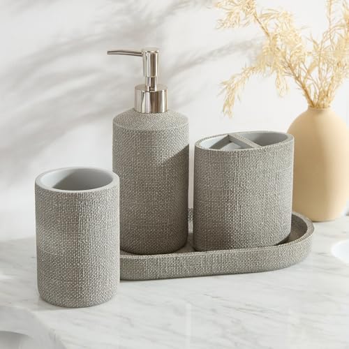 Tahari Home Bathroom Organizer Set - 4-Piece, Resin | Countertop Accessories | Toothbrush Holder, Tumbler, Vanity Tray & Lotion Pump | Modern Textured Design | Durable & Easy Clean | Astor Light Gray - color: Light Grey