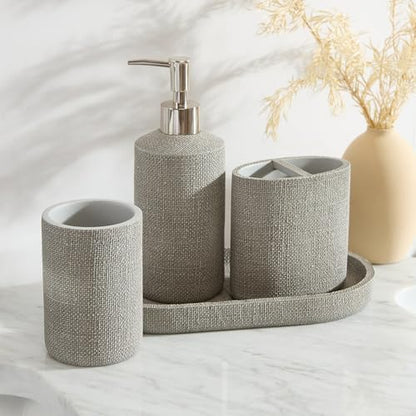 Tahari Home Bathroom Organizer Set - 4-Piece, Resin | Countertop Accessories | Toothbrush Holder, Tumbler, Vanity Tray & Lotion Pump | Modern Textured Design | Durable & Easy Clean | Astor Light Gray - color: Light Grey