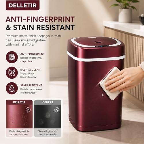 Smart Trash Can, Motion Sensor Trash Can with Lid, 15L Touchless Automatic Garbage Can for Bathroom, Bedroom & Office, Stainless Steel, Quiet Soft-Close, Long Battery Life, Wine - color: Wine