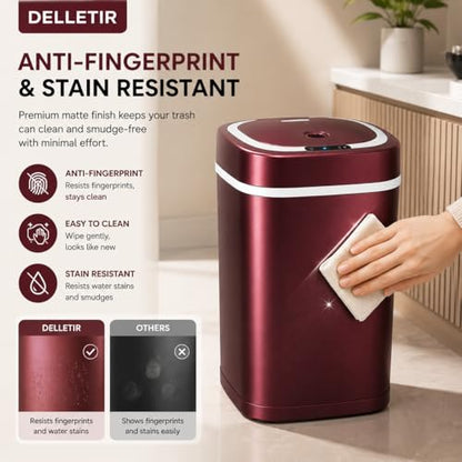 Smart Trash Can, Motion Sensor Trash Can with Lid, 15L Touchless Automatic Garbage Can for Bathroom, Bedroom & Office, Stainless Steel, Quiet Soft-Close, Long Battery Life, Wine - color: Wine