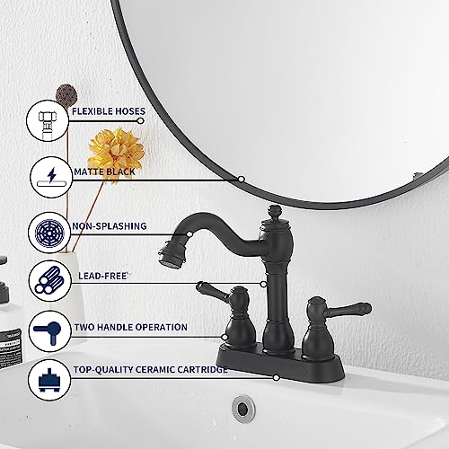 Matte Black Bathroom Faucet 2 Handles 4 Inches Centerset RV Black Bathroom Vanity Faucet with Drain Assembly and Supply Hose Lavatory Faucet - color: Black, size: Centerset