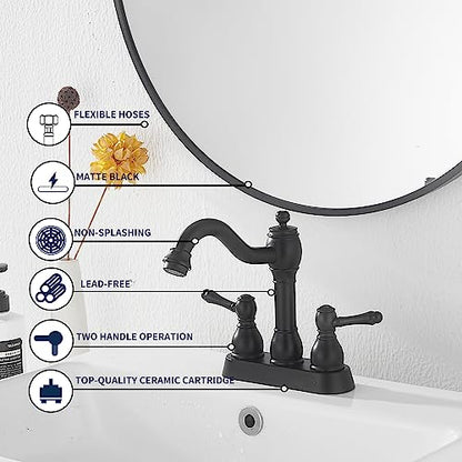 Matte Black Bathroom Faucet 2 Handles 4 Inches Centerset RV Black Bathroom Vanity Faucet with Drain Assembly and Supply Hose Lavatory Faucet - color: Black, size: Centerset