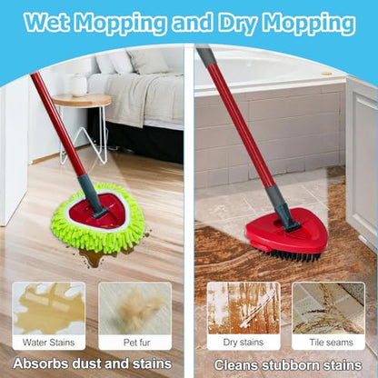 Mop Handle, Chenille Duster & Mop Brush for O-Cedar EasyWring 1-Tank | Mop Handle Combo for O cedar Mop, Mop Replacement for Ocedar Spin Mop, Chenille Duster and Scrub Brush for Wet/Dry Use - size: 2 pack mop heads set