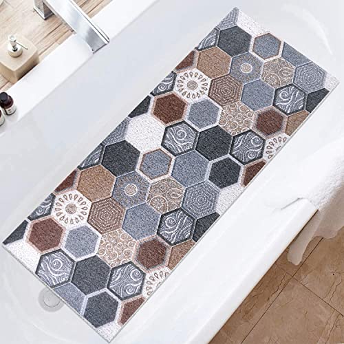 Bathtub Mat Shower Mat Non-Slip, 16x 39 Inch, Soft Comfort Bath Mat with Drainage Holes, PVC Loofah Massage Bathmat for Shower, Tub, Bathroom, Wet Areas, Quick Drying - color: Hexagonal Tiles, size: 39" x 16" (Rectangular)