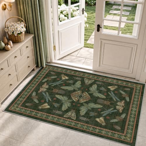 Arenarug Entryway Rug 3x5 Non Slip Washable Area Rug Insect Boho Soft Distressed Vintage Lightweight Low Pile Carpet for Living Room, Bedroom, Dining Room, Kitchen, Office, Dark Green - color: Dark Green, size: 3'x5'