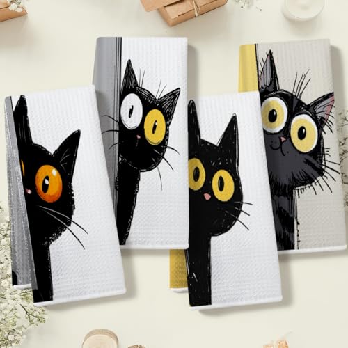 4 Pcs Funny Cat Kitchen Towels, Cute Cats Gifts Soft Absorbent Tea Towel - color: Multi 0137