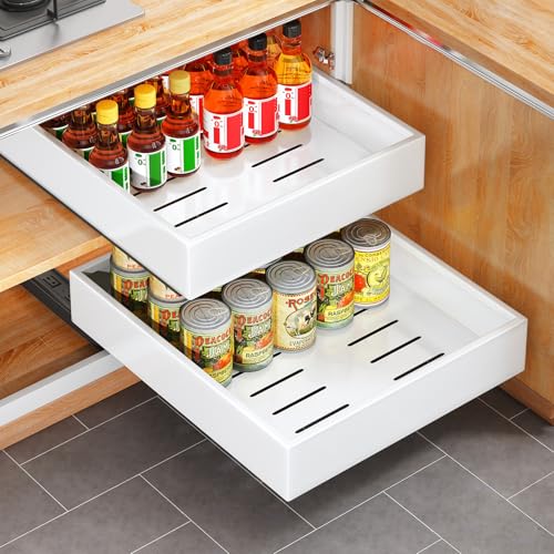 Pull out Cabinet Organizer, 21"Deep, Heavy Duty Full-Extension Slide out Drawers for Kitchen Cabinets with Nano Adhesive, Roll Out Shelf Sliding Cabinet for Pots, Bathroom, Pantry, Under Sink, White - color: White, size: 13.8"Wide-21"Deep (1Pack）