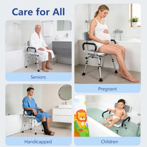 Swivel Shower Chair 500lbs Heavy Duty Adjustable Arms & Back 360° Rotating | SSlip-resistant Rubber Feet Easy-clean Tool-free Install Ergonomic Wide Seat Built-in Drainage Holes 5 Height Settings - size: Gray