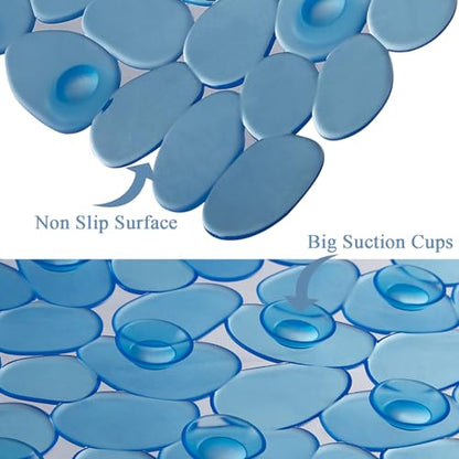 Webos Bath Shower Mat Non Slip: Extra Large Pebble Bathtub mat for Families, Anti Slip Shower Matt with Drain Holes Suction Cups Tub Mat - 16 X 40 Inch Clear Blue - color: Pebble Clear Blue