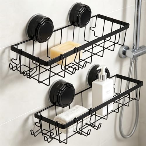 Shower Caddy Suction Cup Adhesive with Hooks, Heavy Duty Shower Shelves Storage Organizer for Bathroom, No Drilling Bathroom Shelf with Large Capacity, Black Metal Storage Basket
