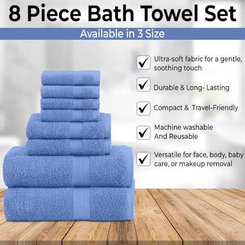 QUBA LINEN Pack of 8 Towels Set, 2 Large Bath Towels, 2 Hand Towels, 4 Wash Cloths, 100% Cotton, Lighter Weight, Quicker to Dry, Super Absorbent, Perfect for Bathroom (Blue) - color: Blue