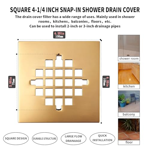 4-1/4 Inch Square Snap-in Shower Drain Brushed Golden | 304 stainless steel Shower Strainer Grid, large flow anti-clog, 4.25 inch square size fits most household shower drains - color: Brushed Golden