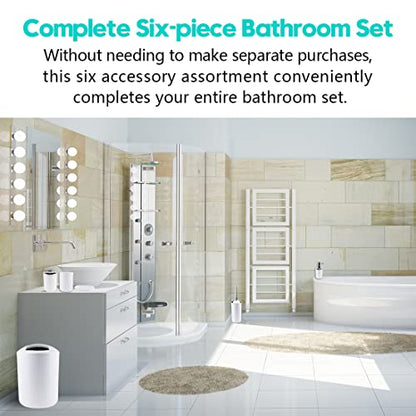 Compact 6-Piece White Plastic Bathroom Accessories Set with Small Trash Can, Soap Dispenser, Toothbrush Holder, Cup, Soap Dish, Toilet Brush for Guest Bathroom Dorm Apartment - color: White