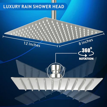 Voolan Rain Shower Head - High Flow Large Rainfall Shower Heads Made of Stainless Steel - Waterfall Bathroom Square Showerhead - Ceiling or Wall Mount (12 * 8 Inch Rectangle, Brushed Nickel) - color: Brushed Nickel, size: 12*8 Inch Rectangle