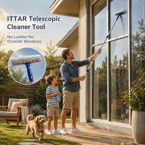 Window Squeegee with 2 Sets Separate Pole, 12" Rubber Squeegee and 11" Microfiber Pads, 60"-73.6" Telescopic Window Cleaning Kit with Rotating Head for High Windows, Shower Glass, Car Windshield - color: White&blue