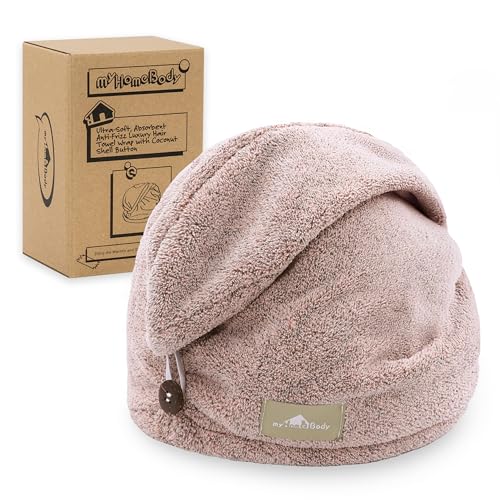 myHomeBody Hair Towel Wrap, Quick Drying Turban, Absorbent Cap – Pink | Hair Turban Towel for wet hair, Ultra Soft Charcoal Fiber Cap, Towel Head Wrap for bathing with Coconut Shell Button - color: Pink