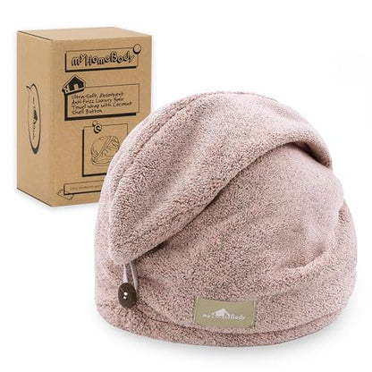 myHomeBody Hair Towel Wrap, Quick Drying Turban, Absorbent Cap – Pink | Hair Turban Towel for wet hair, Ultra Soft Charcoal Fiber Cap, Towel Head Wrap for bathing with Coconut Shell Button - color: Pink