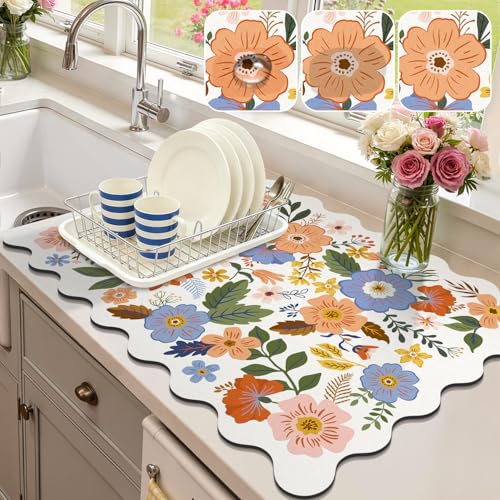 LOKHOM Scalloped Floral Dish Drying Mat, 18"x24" Coffee Mat Wildflowers | Super Absorbent, Cuttable, Hide Stain, Non-slip Drying Mat, For Kitchen Counter Coffee Maker Espresso Machine - color: Colorful Floral, size: 18" x 24"