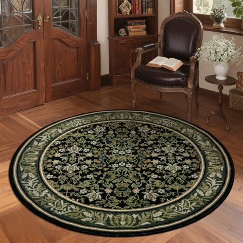 GarveeHome Soft Round Rug 4ft, Washable Boho Vintage Circle Rug Non Slip Low Pile Stain Resistance Indoor Throw Carpet for Living Room Bedroom Kitchen Dining Room, Green Black - color: Green Black, size: 4' (Round)