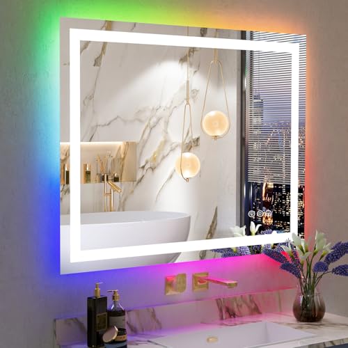 48x38 Inch RGB LED Bathroom Mirror Front Light and RGB Backlit Lighted Vanity Mirror for Bathroom Wall Mounted Dimmable Anti Fog Memory Shatter-Proof IP54 Waterproof Horizontal/Vertical - color: Rgb Backlit+front Lit, size: 48"L x 38"W
