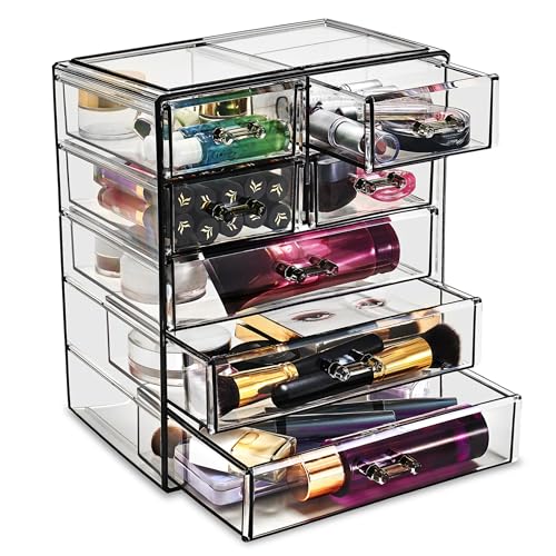 Sorbus Acrylic Makeup Organizer Set, 7-Drawer Vanity & Countertop Cosmetic Storage with Small & Wide Drawers, Black Jewel Makeup Storage for Brushes, Lipsticks, Jewelry, Holiday Gift for Women & Teens - color: Black Jewel, style: 3 Large, 4 Small Drawers