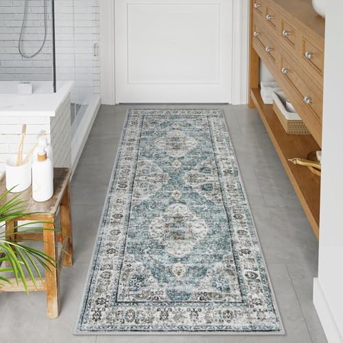Uphome Bathroom Runner Rug, Distressed Tribal Farmhouse Blue Bathroom Mat, Long Bathroom Rugs Non Slip Washable, Oriental Retro Boho Bath Mat Runner for Bathtub Sink Hallway, 24x59 inch - color: Blue, size: 24 x 60 inch (Rectangular)