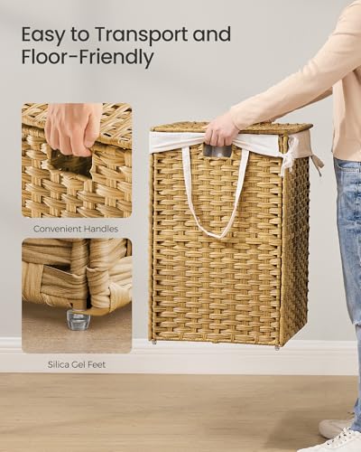 SONGMICS Laundry Hamper with Lid, 42.3 Gallon (160 L) Synthetic Rattan Clothes Laundry Basket with Lid and Handles, Foldable, Removable Liner, Goose Yellow ULCB216Y01 - color: Goose Yellow, size: 160 L