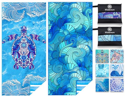 Widdonen Microfiber Beach Towel,Compact 2 Pack-71x32 Inch with Bag Travel | Extra Large,Lightweight,Thin,Sand Free,Quick Dry,Absorbent.Packable for Camping,Swim,Pool,Bath,Picnic,Cruise Essentials Gift - color: 2 Pack Turtle Blue Leaves Mo