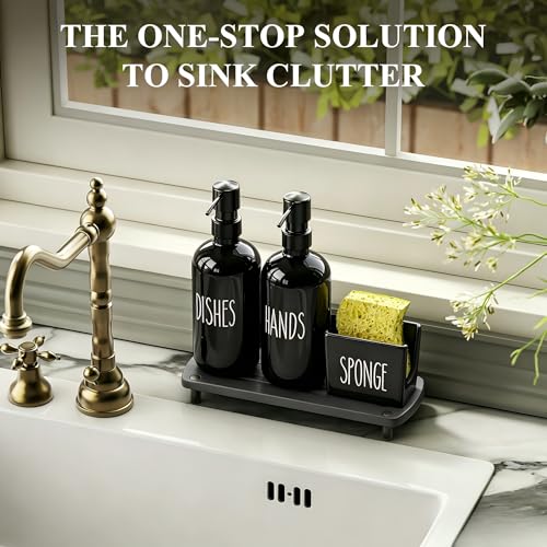 Cisily Black Soap Dispenser Set with Ceramics Sponge Holder, Kitchen Decor | Black Stainless Steel Pumps, Instant Dry Tray - color: Black Pump + Black Sponge Holder