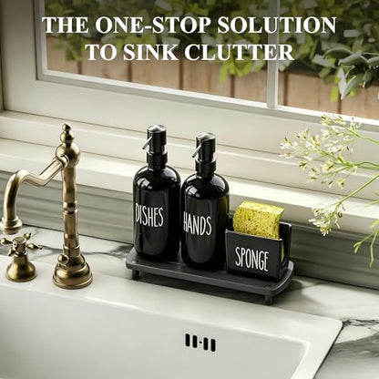 Cisily Black Soap Dispenser Set with Ceramics Sponge Holder, Kitchen Decor | Black Stainless Steel Pumps, Instant Dry Tray - color: Black Pump + Black Sponge Holder