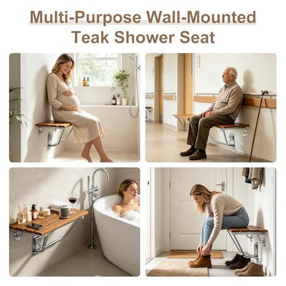 24'' Folding Shower Seat Wall Mounted, 500lb Load Capacity, Space-Saving | Folding Shower Bench with Stainless Steel Bracket, for Elderly, Pregnant Women, Kids, Disabled - size: 24 inches