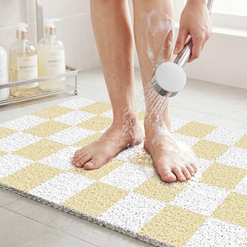 Non Slip Loofah Shower Mat 32"x16", Quick Drying Mats with Drain Hole, Soft Trimmable PVC Loofah Massage Bathmat for Shower, Kitchen, Hotel, Tub, Floor, Home, Beige Checkered - color: Beige Checkered, size: 16" x 32" (Rectangular)