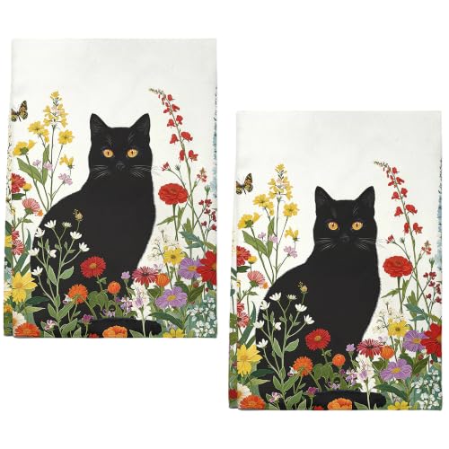 Accnicc 2 Pack Black Cat Bathroom Hand Towels Decorative Spring Floral Dish Kitchen Towel 16x27 Inch Botanical Colorful Wildflowers Butterfly Absorbent Soft Microfiber Bath Towels Hotel Spa Decor - color: Black