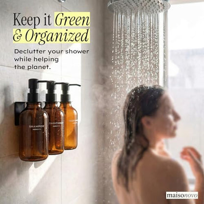 Shampoo and Conditioner Dispenser Wall Mounted Set of 3 Amber Black - No Drill Shower Soap Dispenser for Bathroom Refillable - Spa Hotel Style Accessories by MaisoNovo | No Drill Wall Mount - Shower Soap Dispenser · Holds Body Wash or Hand Soap · Wall Soa