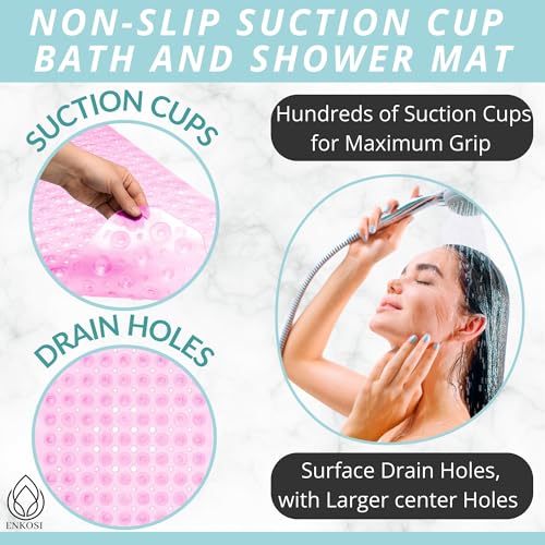 ENKOSI Non-Slip Bath & Shower Mat 40x16 Extra Long, Suction & Drain Holes | Clear Pink look; Durable PVC; 40x16 in, Clear Pink - color: Clear Pink