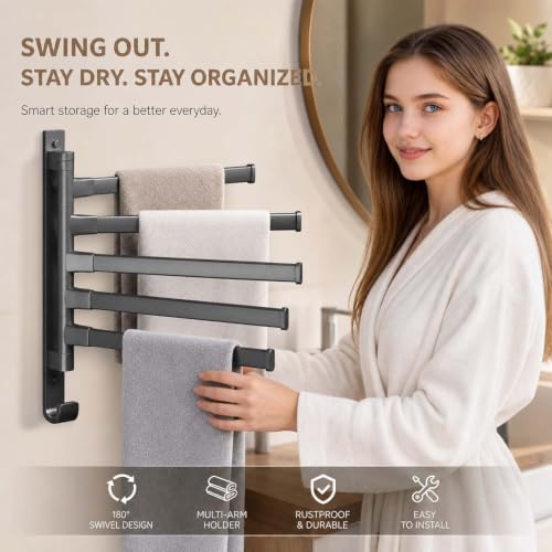 2-5 Arms Swivel Towel Rack Bath Towel Holder with Hook Swing Arm Towel Rack Wall Mount for Bathroom Kitchen (Grey, 5-arm) - color: Grey, size: 5-arm