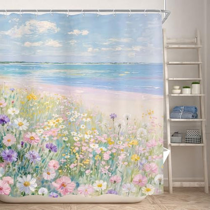 Ocean Beach Shower Curtain Wildflower Coastal Seaside Bathroom Curtain Set | 72Wx72H Blue Sea Floral Flower Girly Nature Path Bathroom Curtains Fabric Waterproof Polyester 12 Hooks - size: 72"W x 72"L (Pack of 1)
