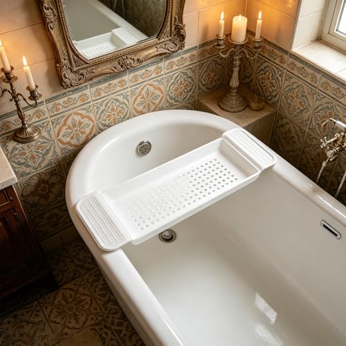 Kisangel Expandable Bathtub Tray and Multihole Drainage Design Gift for Housewarmings with Antislip Foot Pads Plastic Bath Tub Shelf Organizer for Book, Towel, and Drink Holder