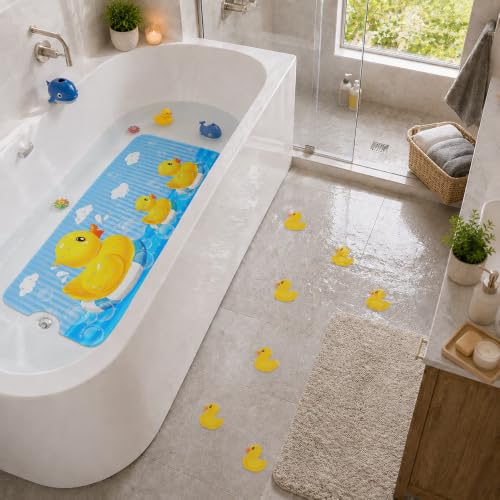 Cinrobiye Bath Mat for Tub Non Slip, 40 x 16 Inch Duck Cartoon Bathtub Shower Mat with Suction Cups and Drain Holes, Waterproof Machine Washable Bathroom Mat - color: Yellow