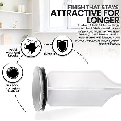 (2-Pack) Bathroom Sink Pop-Up Stoppers - with Brushed Nickel Finish - Fits Most Pop-Up stoppers Design 1-3/8” Cap Outer Diameter, 4-1/2 Overall Height - with 2 Mounting Holes and Gasket Seal