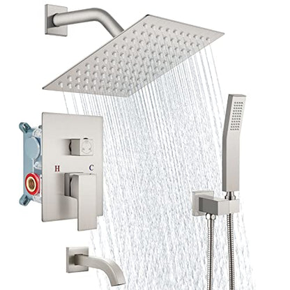 Aolemi Shower Faucet Set with Tub Filler Handheld 8" Head Brushed Nickel | Shower Valve and Trim Kit,Handheld Spray,Tub Spout,Single Handle,SUS304,Bathroom Mixer for Remodeling - color: Nickel, size: 8 Inch Shower Head