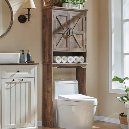 67" Farmhouse Over Toilet Storage Bathroom Cabinet, Rustic Brown | Double Barn Doors, Adjustable Shelf, Open Cubby, Weathered Finish - color: Rustic Brown
