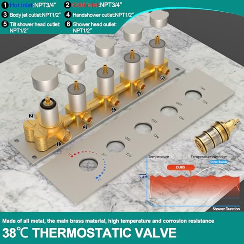 HOMEDEC Full Body Shower System with Dual Shower Heads, 6pcs Body Jets with 15.7x31.5" Rainfall and 6" Showerheads, Brushed Nickel - color: Brushed Nickel, style: 4-Way + 1x 6" Top