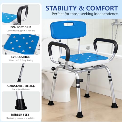 Swivel Shower Chair 500lbs Heavy Duty Adjustable Arms & Back 360° Rotating | Slip-resistant rubber feet Easy-clean Tool-free Install Ergonomic wide seat Built-in drainage holes 5 height settings - size: Blue