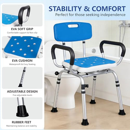 Swivel Shower Chair 500lbs Heavy Duty Adjustable Arms & Back 360° Rotating | Slip-resistant rubber feet Easy-clean Tool-free Install Ergonomic wide seat Built-in drainage holes 5 height settings - size: Blue
