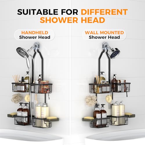 Adjustable Aluminum Shower Caddy Hanging for Handheld Showerhead, Black | Rustproof Aluminum, Shower Organizer, Anti-Slip, Quick-Drain Shelf, 40lbs Capacity, Suction Cups, 8 Hooks, Razor Soap Holders - color: Black