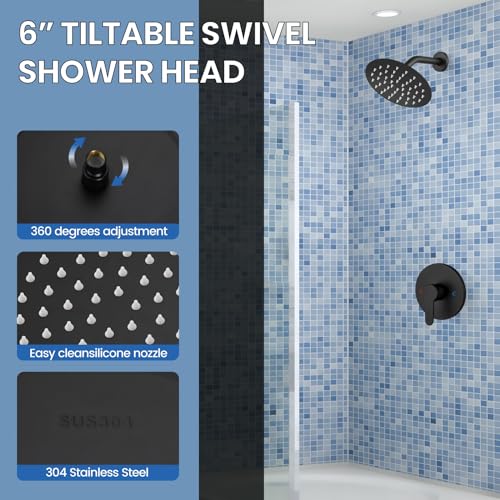 Airuida Shower Faucet Set,6 Inch Matte Black Shower Trim Kit | Round Rainfall Shower Head,Single Handle,Male Threads Rough-in Valve,Wall Mount Bathroom System - color: Black, size: 6 Inch