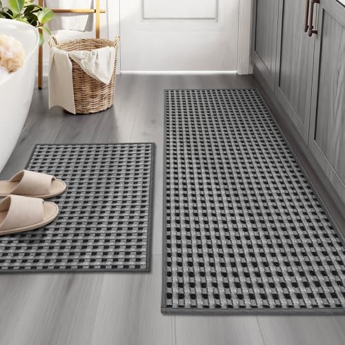 YIHOUSE Bathroom Rugs Sets 2 Piece, Ultra Thin Checkered Weave Bath Mat - Soft Absorbent Quick Dry Bath Mat Set, Machine Washable Non Slip Bath Rugs for Shower & Tub (16"×24"+16"×47" Dark Gray) ﻿ - color: Dark Gray Light Gray, size: 16"x24"+16"x47"