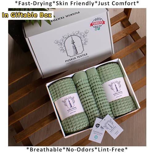 PÜSKÜL Natural 100% Turkish Cotton Waffle Towels Set of 4-Piece, Sage Green | 2-Bath sheet (Extra-large 32x63") and 2-Hand towel (Large 32x16"). Premium honeycomb-waffle weave, oeko-tex made in Turkiye. - color: Sage Green